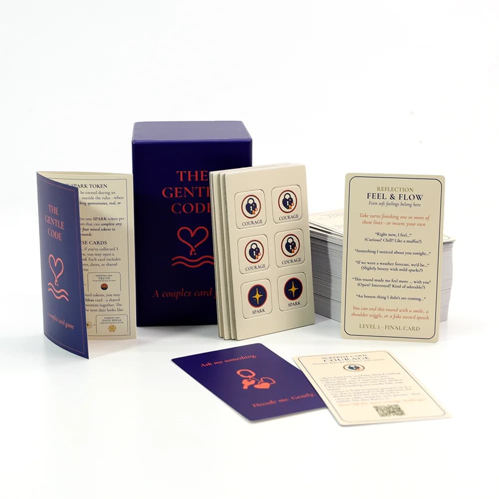 Complete set of The Gentle Code showing cards, tokens, surprise cards, and instructions